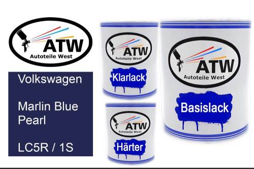 Volkswagen, Marlin Blue Pearl, LC5R / 1S: 1L Lackdose + 1L Klarlack + 500ml Härter - Set, von ATW Autoteile West.